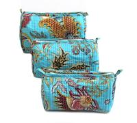 Mam Treasures - Organizador de neceser de algodón indio con cierre de cremallera, hecho a mano, 3 piezas, bolsa de algodón acolchada para artículos de tocador, cosméticos y artículos esenciales de