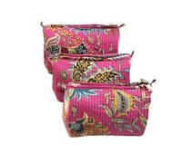 Mam Treasures - Organizador de neceser de algodón indio con cierre de cremallera, hecho a mano, 3 piezas, bolsa de algodón acolchada para artículos de tocador, cosméticos y artículos esenciales de