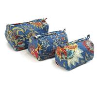 Mam Treasures - Organizador de neceser de algodón indio con cierre de cremallera, hecho a mano, 3 piezas, bolsa de algodón acolchada para artículos de tocador, cosméticos y artículos esenciales de