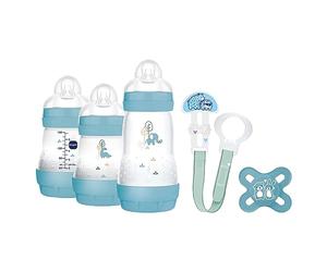 Mam Welcome To The World - Juego de regalo con 3 biberones anticólicos, chupete, clip para chupete, color azul, Instrucciones en Lengua Extranjera