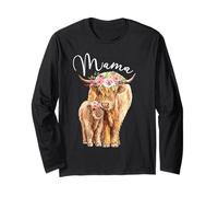 Mama Highland Cow with Baby Calf Floral Día de la Madre Mamá Manga Larga