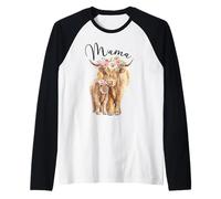Mama Highland Cow with Baby Calf Floral Mom Mother's Day Camiseta Manga Raglan