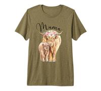 Mama Highland Cow with Baby Calf Floral Mom Mother's Day Camiseta Premium