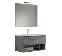 Mama Store GEA2 80 - Mueble de baño suspendido 80 cm cajón y Compartimento de día Gris Cemento con Lavabo, Espejo y lámpara LED, 81 x 45 x 46 cm
