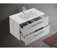 Mama Store Iris 80 - Mueble de baño suspendido en Kit para Montar 80 cm Roble Blanco con Lavabo, Espejo y lámpara LED, 81 x 47 x 53 cm