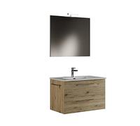 Mama Store Mueble de baño suspendido 80 cm Roble Natural con Lavabo, Espejo y lámpara LED, L.81 x P.47 x H.53 cm, Madera, 81 x P. 47