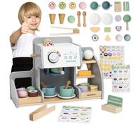 mamabrum Cafetería Heladería de Madera 2 en 1 para Niños con Máquina de Café Helados Pizarra Magnética - 76 Piezas - Juego Creativo Educativo a Partir de 3 Años