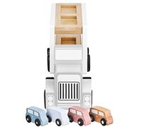 mamabrum Camión Juguete Transportador Madera con 4 Vehículos - Juguetes para Niños 3-5 Años con Plataforma Elevadora - Camiones Juguete para Niños en Colores Pastel - 33cm