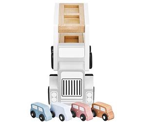 mamabrum Camión Juguete Transportador Madera con 4 Vehículos - Juguetes para Niños 3-5 Años con Plataforma Elevadora - Camiones Juguete para Niños en Colores Pastel - 33cm