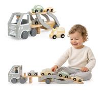 Mamabrum Camión Remolque de Madera con Coche para Niños Camión con Remolque y Rampas Juego de 4 Coches Juguete Educativo Transporte Vehículos