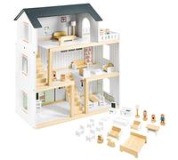 Mamabrum Casa de Muñecas de Madera 70 x 30 x 60 cm - 3 Pisos con Terraza y 18 Espacios Amueblados - Incluye Figuras y Muebles - Casita Infantil para Niñas a Partir de 3 Años - Estilo Montessori