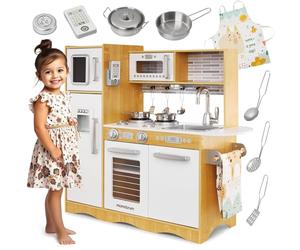 Mamabrum Cocina de Juguete para Niños de Madera Natural con Luces LED - Set Completo con Accesorios Cocina Juguetes, Horno, Microondas y Fregadero - 82x60x30cm