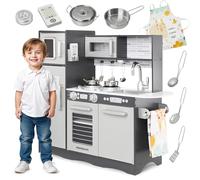 Mamabrum Cocinita de Juguete con LED para Niños - Set Accesorios Cocina Juguetes con Horno, Microondas y 2 Fogones - Comida de Juguete para Cocinita - Gris Natural, 82x60x30cm