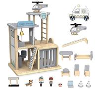 mamabrum Estación de Policía Madera con Coche Policía y Helicóptero - Juguete Educativo para Niños 3+ Años - Comisaría con Accesorios y Pista de Aterrizaje - 35 x 30 x 22 cm