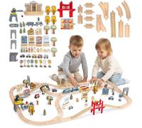 Mamabrum Ferrocarril de la ciudad de madera con tren eléctrico y sonido - Grúa magnética, barco, puentes, pistas, figuras - Juego de ferrocarril de 130 x 85 cm para niños 3+