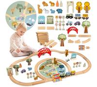 Mamabrum Ferrocarril zoológico de madera con puente, barrera y rompecabezas - pistas, trenes, animales, figuras, coches - Safari educativo 106 x 55 cm para niños 3+