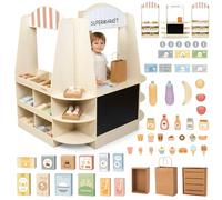 Mamabrum Gran tienda de madera para niños - 91 piezas para jugar de compras con pizarra, frutas, verduras, caja, accesorios educativos, diversión 3+