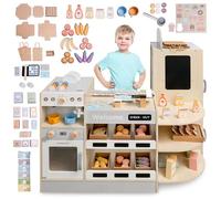 Mamabrum Gran Tienda de Madera para Niños con Bar Rápido Tienda de Esquina con Cafetera Horno Nevera y 106 Accesorios
