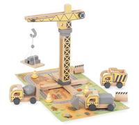 Mamabrum Grúa Construcción de Madera - Set de Juguetes Similar a Playmobil y Superthings con Excavadora Giratoria 360° - Piezas Construcción Niños con Vehículos y Plataforma - 60x35x42cm