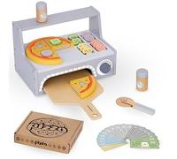 Mamabrum, juego para hornear pizza de madera, horno de pizza de madera, trozos de pizza, rebanadas con diferentes ingredientes, espátula para pizza, cortador de pizza móvil, pizza de madera para niños