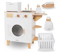 Mamabrum Lavadora Juguete Madera con Tabla Planchar, Cesto y Accesorios - Set Limpieza Juguete para Niños +3 Años - Incluye Escoba y Fregona - 65 x 29,5 x 68 cm
