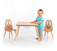 Mamabrum Mesa infantil con almacenamiento - Set de madera con 2 sillas orejas de conejo - 67 x 67 cm - Aprendizaje y juegos desde 3 años