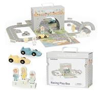 Mamabrum Pista de Coches para Niños 3 Años - Maleta Magnética con Circuito Carreras, 3 Vehículos Madera y Accesorios - Juguete Educativo Plegable con Escenarios