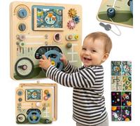 Mamabrum Pizarra de madera Montessori SPACE BOARD 2 en 1 - Cabina del conductor y mando a distancia - 8 tableros, manillar, engranajes, radar - pizarra educativa 45 x 45 cm para niños 18 m +