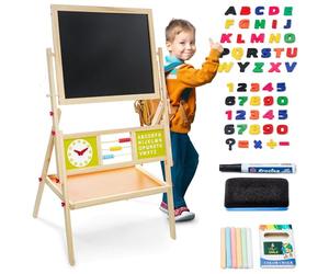 Mamabrum Pizarra Infantil Magnética 2 Caras con Estante - Pizarra Blanca y de Tiza con Accesorios, Ábaco y Reloj - Magnetica Infantil de Madera 98 x 45cm para Aprendizaje