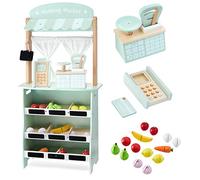 mamabrum Puesto Mercado Infantil 2 en 1 - Teatro y Tienda de Madera con Báscula, Terminal Pago, Frutas y Verduras Cortables con Velcro - Juguete Educativo para Niños