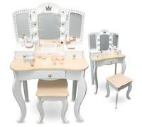 mamabrum Tocador De Madera XXL para Niñas con Taburete - Espejo Triple, Luces LED, Cajón Y Accesorios - Mesa De Maquillaje Educativa para Juego Creativo A Partir De 3 Años
