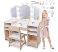 mamabrum Tocador Infantil de Madera 2 en 1 - Tocador y Mesa de Maquillaje para Niña con LED, Taburete y 9 Accesorios - Juego Educativo Desde 3 Años