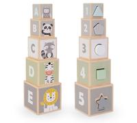 mamabrum Torre de Madera Educativa - Juguetes para Niños 1-2 Años - Cubos Apilables con Formas, NúMeros y Animales - Clasificador Geométrico con 5 Bloques para Desarrollo Infantil