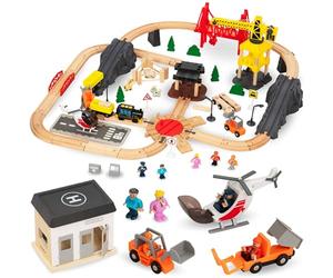 Mamabrum Tren Eléctrico de Madera para Niños 2 Años - Set Ciudad con Aeropuerto, Grúa Giratoria con Pista - Compatible con Lego Duplo - Juguete Educativo Figuras y Señales