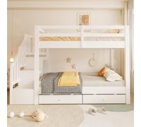 MAMAINI Litera de madera de 140 x 200 cm, cama doble, color blanco, con escalera de almacenamiento, perchero sencillo, rejilla de seguridad, cajón de almacenamiento, somier de láminas