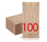 MAMAPAS 100 Bolsas de papel kraft 18+7x31 Bolsas para pan, bolsas comunión, bolsas chuche, bolsa regalo, bolsa panadería, bolsas para regalo, bolsas bocadillo, panadería, sandwich