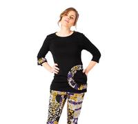 Mamatayoe Cire Perdue. Camiseta de Manga Tres Cuartos para Mujer con Cuello Redondo de Color Negro con Detalles Bordados. Top Recto con Bolsillo para Otoño Invierno, Elegante y Original. Talla L