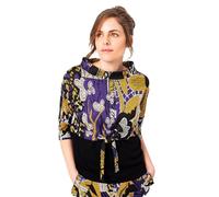 Mamatayoe Clasique. Camiseta Estampada de Manga Tres Cuartos para Mujer de Color Negro, Amarillo y Morado. Top Combinado con Lazada, Moderno y Casual para Otoño Invierno. Talla XL