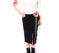 Mamatayoe Disegno. Falda Midi de Mujer de Color Negro con Detalles Bordados para Otoño Invierno. Falda Recta a Media Pierna de Punto Roma con Abertura Delantera y Cinturilla Elástica. Talla XL