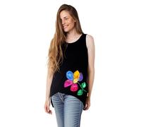 Mamatayoe Resplandor Camiseta para Mujer, Color Negro, Viscosa, Bajo Asimétrico y Bordado Floral