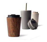 MAMEIDO Termo Café 350 ml (Oak Wood) | 4h caliente/8h frío, a prueba de fugas y sin BPA con tapa abatible - vaso termico para llevar de acero inoxidable para café