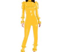 Mamelucos de fiesta de látex de PVC de hoja de loto de moda sexy de goma de etapa larga mono de manga larga de una pieza Bodycon Jumpsuit,amarillo, S