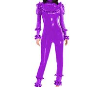 Mamelucos de fiesta de látex de PVC de hoja de loto de moda sexy de goma de etapa larga mono de manga larga de una pieza Bodycon Jumpsuite, rosa púrpura, 7XL