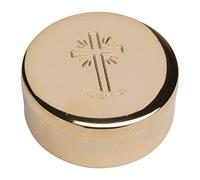 MaMeMi Cáliz para hostias/Caja para hostias de latón de alta calidad [dorado] con cruz grabada, [diámetro 5 cm]