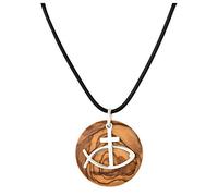 MaMeMi Collar Cristiano Plata de Ley 925 y Madera de Olivo Ø 3 cm - Cruz e Ichthys - Hecho a Mano en Belén - Regalo de Comunión, Confirmación o Confirmación - Con Bolsa de Organdí