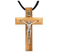 MaMeMi Collar Cruz con Crucifijo - Madera de Olivo de Belén y Acero Inoxidable | Colgante 5x3 cm con Cinta de Tela | Regalo Bautizo, Comunión o Confirmación