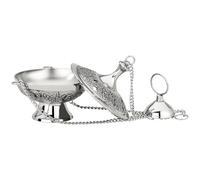 MaMeMi Incensario de Latón Plateado 10×10 cm | Estilo Antiguo con Cadena de 25 cm | Quemador de Incienso y Hierbas | Hecho a Mano | Diseño Decorativo, Colección MaMeMi