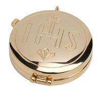 MaMeMi Porta hostias IHS - latón Dorado Ø 5,5 cm | Recipiente litúrgico para 8 hostias | Accesorio religioso para Misa y adoración en casa