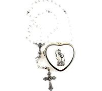 MaMeMi Rosario Comunión Infantil con Perlas Blancas y Cruz - Incluye Cáliz Plateado y Estuche en Forma de Corazón Dorado con Ángel - Regalo Religioso para Primera Comunión