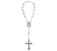 MaMeMi Rosario para Coche Plateado 17 cm | Con San Cristóbal, Crucifijo y Cierre | Rosario de 10 Bolas para Espejo Retrovisor | Regalo Espiritual para Conductores - Hecho en Italia
